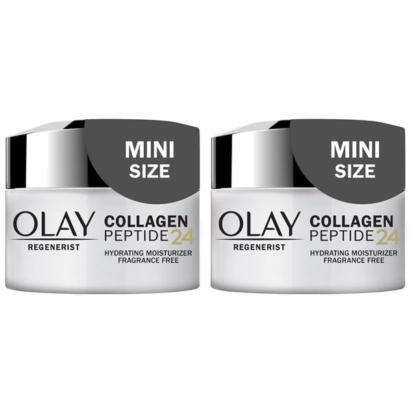 The Olay 2 Pack Regenerist Collagen Peptide 24 Face Moisturizer (0.5 oz each, fragrance free) delivers powerful hydration in two mini-size jars from Olay, displayed side by side.